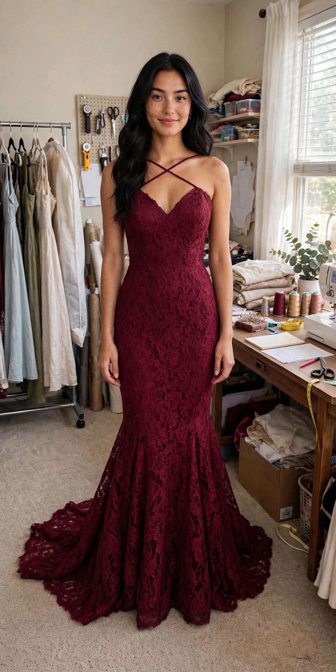 Mia wearing the burgundy lace mermaid prom dress