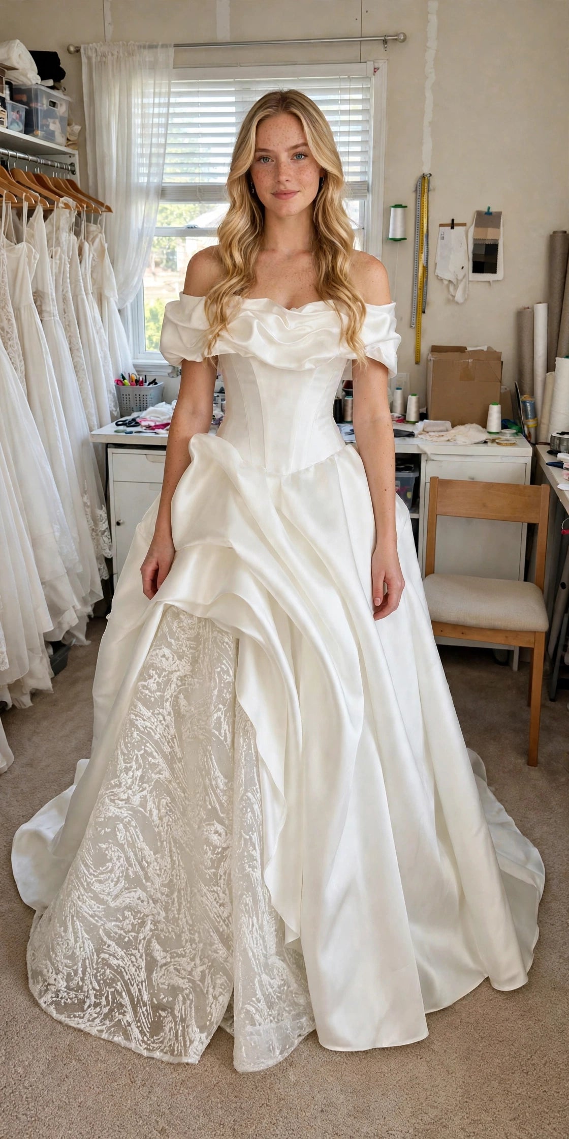 Emma at the tailor's workroom