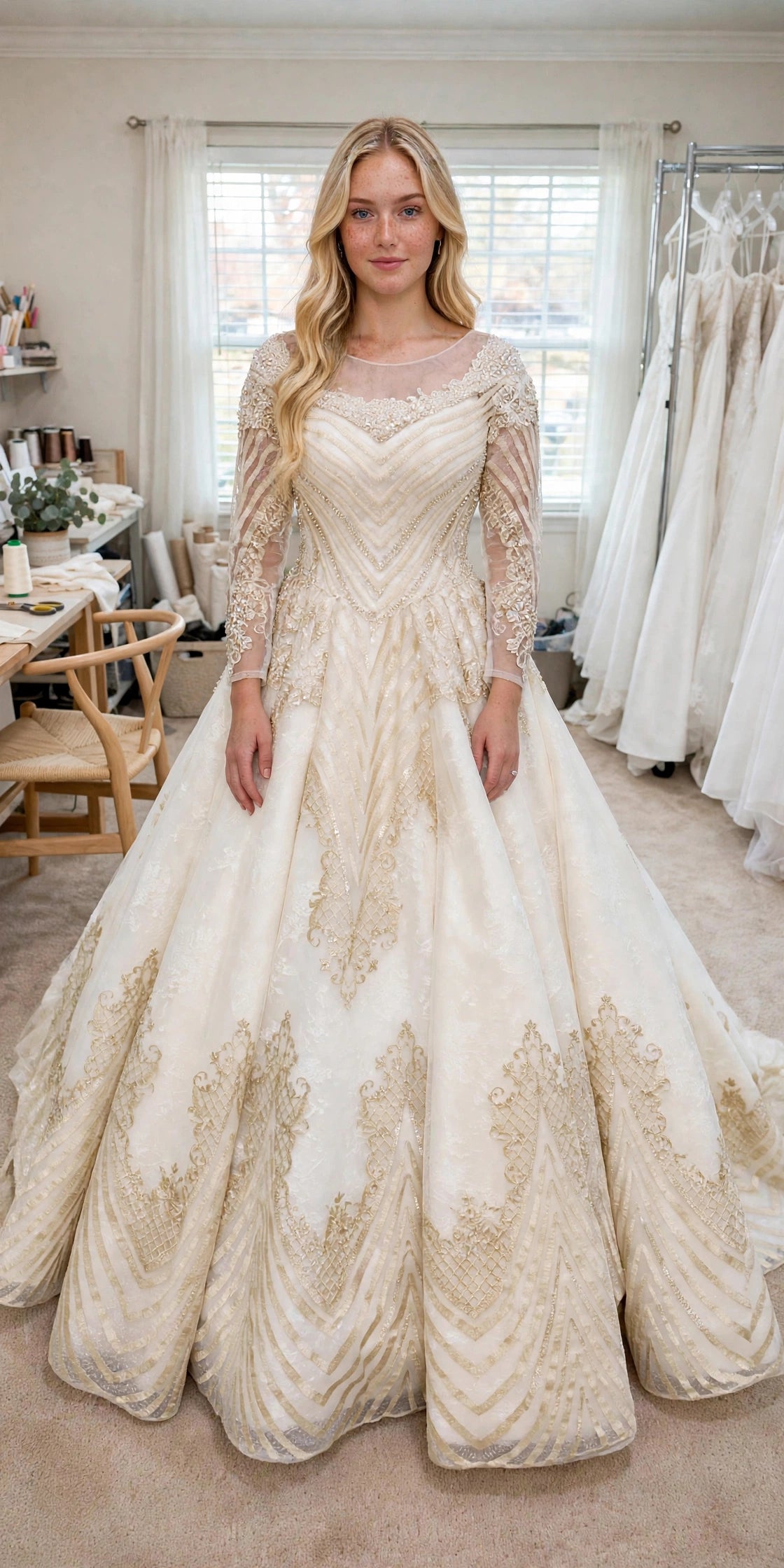 Model wearing the Ivory and Gold Princess Ballgown