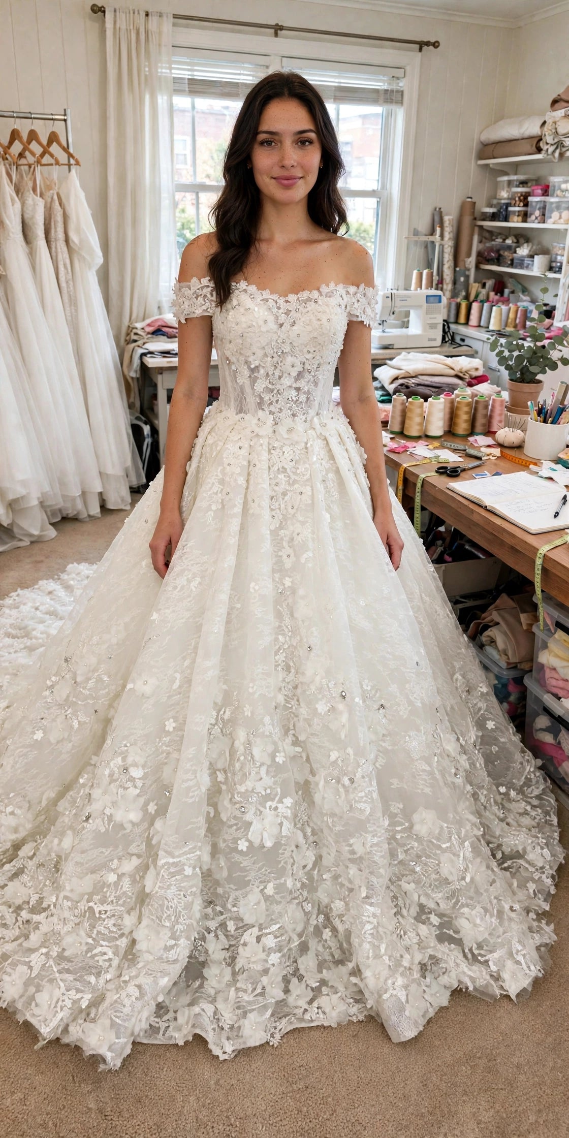 Model wearing the Ivory 3D Floral Lace Ballgown
