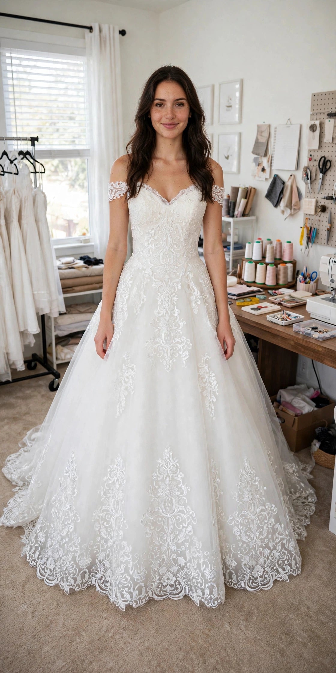 Model wearing the White Off-Shoulder Lace Ballgown